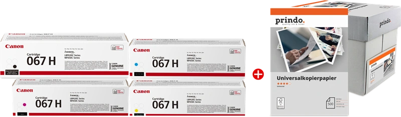 Canon 067h MCVP Noir(e) / Cyan / Magenta / Jaune Value Pack (+ Prindo Universal Papier 2500 Blatt)