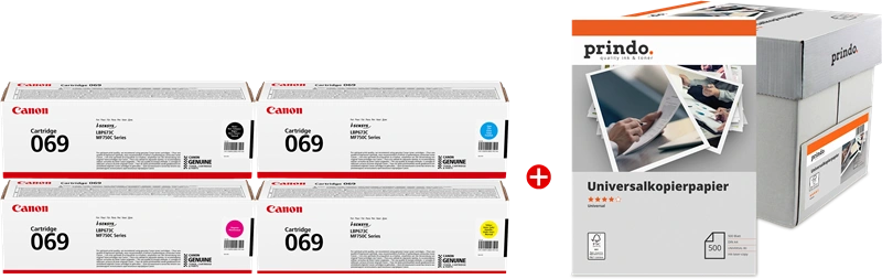 Canon 069 MCVP Noir(e) / Cyan / Magenta / Jaune / Blanc Value Pack (+ Prindo Universal Papier 2500 Blatt)