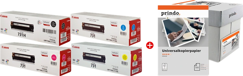 Canon 731 MCVP Noir(e) / Cyan / Magenta / Jaune Value Pack (+ Prindo Universal Papier 2500 Blatt)