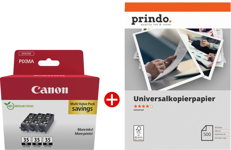 Canon PGI-35BK 3er MCVP Noir(e) / Blanc Value Pack (+ Prindo Universal Papier 500 Blatt)