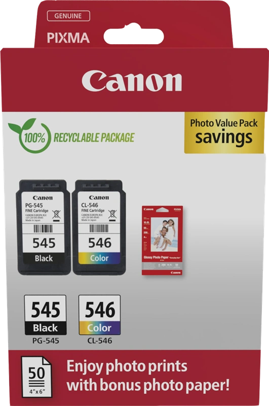 Canon PG-545 + CL-546 Noir(e) / Plusieurs couleurs / Blanc Value Pack (+ 10x15 cm Fotopapier 50 Blatt)