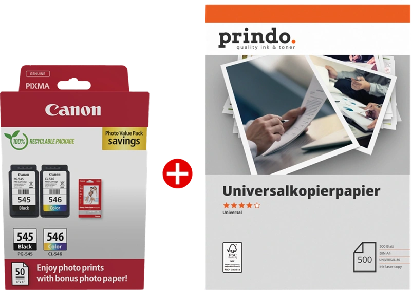 Canon PG-545+CL-546 MCVP Noir(e) / Plusieurs couleurs / Blanc / Blanc Value Pack (+ Prindo Universal Papier 500 Blatt)