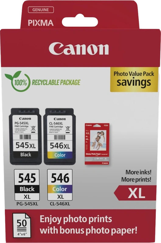 Canon PG-545XL + CL-546XL Noir(e) / Plusieurs couleurs Value Pack (+ 10x15 cm Fotopapier 50 Blatt)