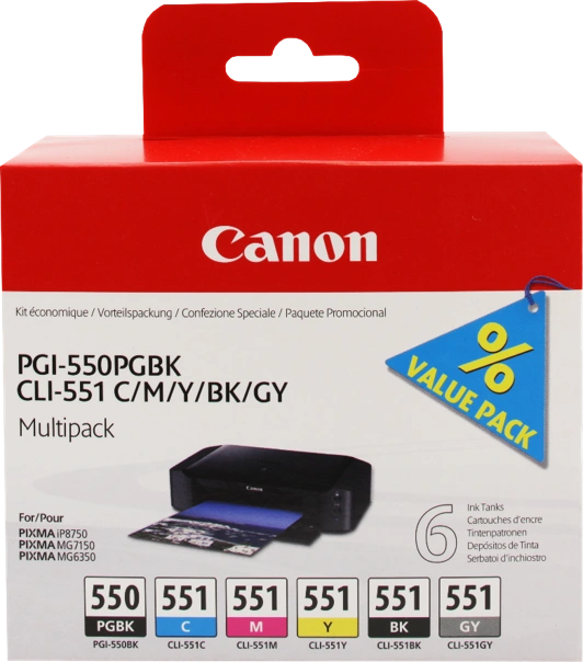 Canon PGI-550+CLI-551 Multipack Noir(e) / Cyan / Magenta / Jaune / Gris (6496B005)