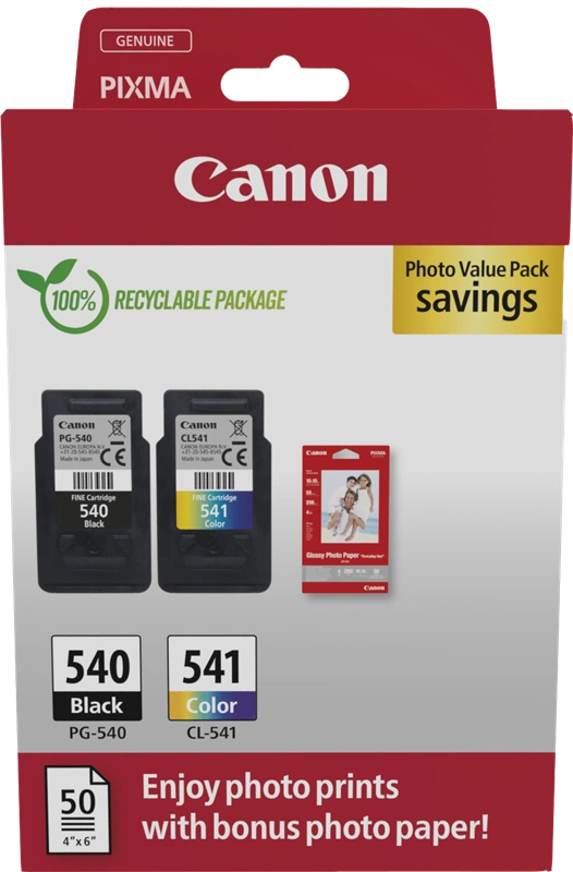 Canon PG-540+CL-541 Noir(e) / Plusieurs couleurs / Blanc Value Pack (+ 10x15 cm Fotopapier 50 Blatt)