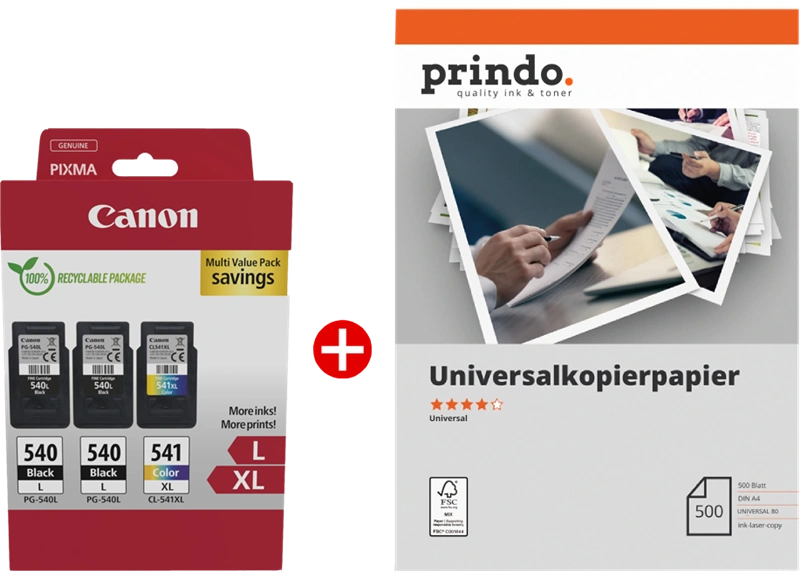 Canon PG-540L+CL-541XL MCVP Noir(e) / Plusieurs couleurs / Blanc Value Pack (+ Prindo Universal Papier 500 Blatt)