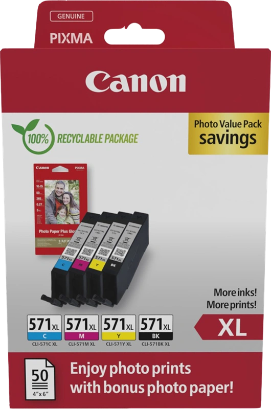 Canon CLI-571 XL Noir(e) / Cyan / Magenta / Jaune Value Pack (+ 10x15 cm Fotopapier 50 Blatt)