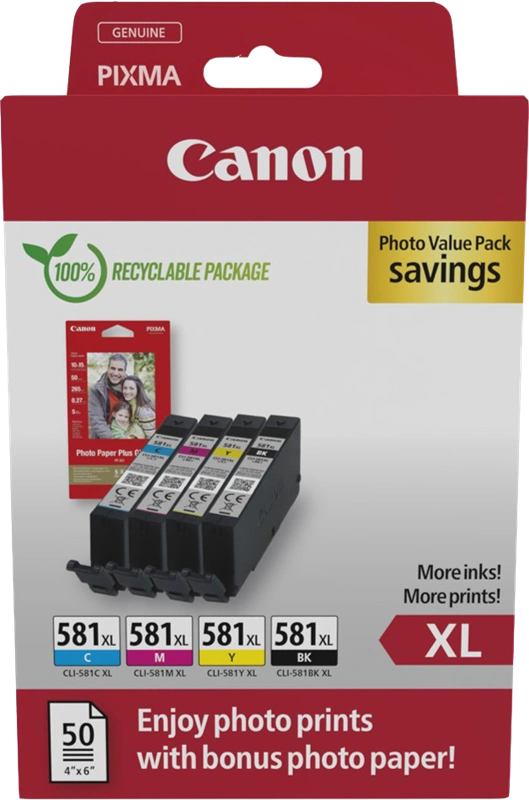 Canon CLI-581 XL Noir(e) / Cyan / Magenta / Jaune Value Pack (+ 10x15 cm Fotoglanzpapier Plus II 50 Blatt)