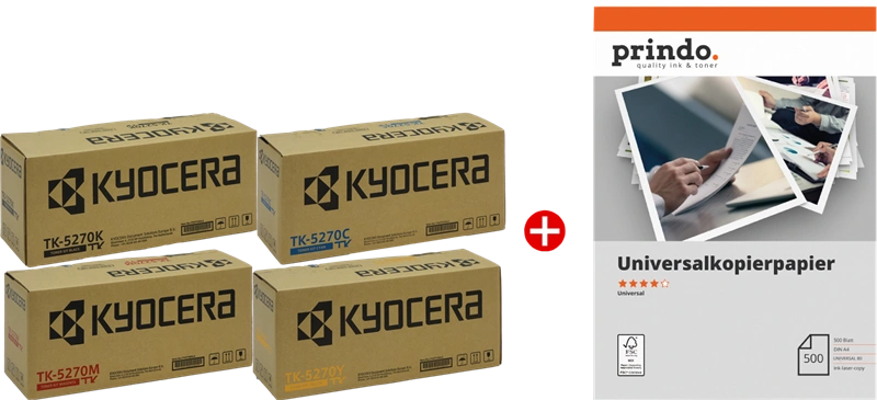 Kyocera TK-5270 MCVP 01 Noir(e) / Cyan / Magenta / Jaune Value Pack (+ Prindo Universal Papier 500 Blatt)