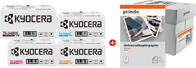 Kyocera TK-5480 MCVP Noir(e) / Cyan / Magenta / Jaune / Blanc Value Pack (+ Prindo Universal Papier 2500 Blatt)