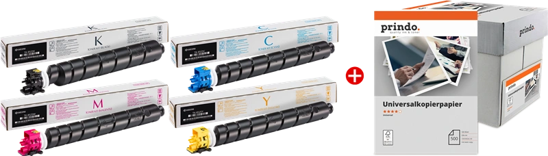 Kyocera TK-8525 MCVP 01 Noir(e) / Cyan / Magenta / Jaune / Blanc Value Pack (+ Prindo Universal Papier 2500 Blatt)