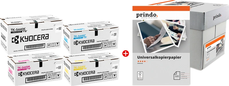 Kyocera TK-5440 MCVP Noir(e) / Cyan / Magenta / Jaune / Blanc Value Pack (+ Prindo Universal Papier 2500 Blatt)