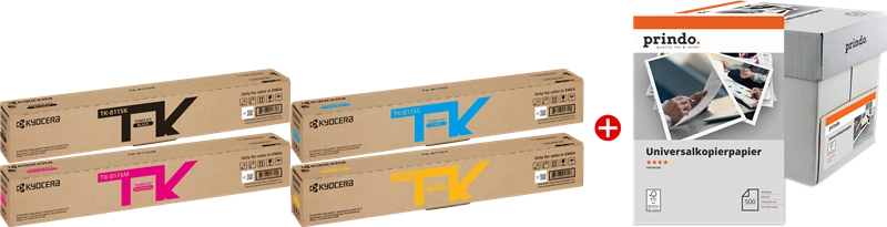 Kyocera TK-8115 MCVP 01 Noir(e) / Cyan / Magenta / Jaune / Blanc Value Pack (+ Prindo Universal Papier 2500 Blatt)
